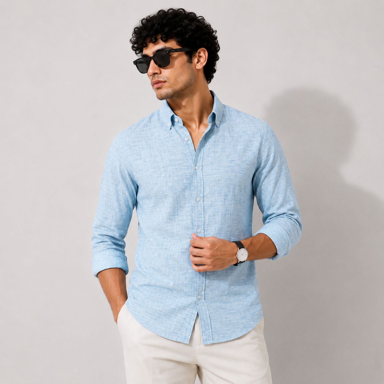 ADVIKEN Premium Sky Mist Blue Cotton Linen Shirt